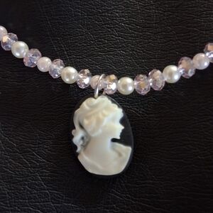 Soft pink Fire Polished Beads Cameo Pendant Necklace with Pearls